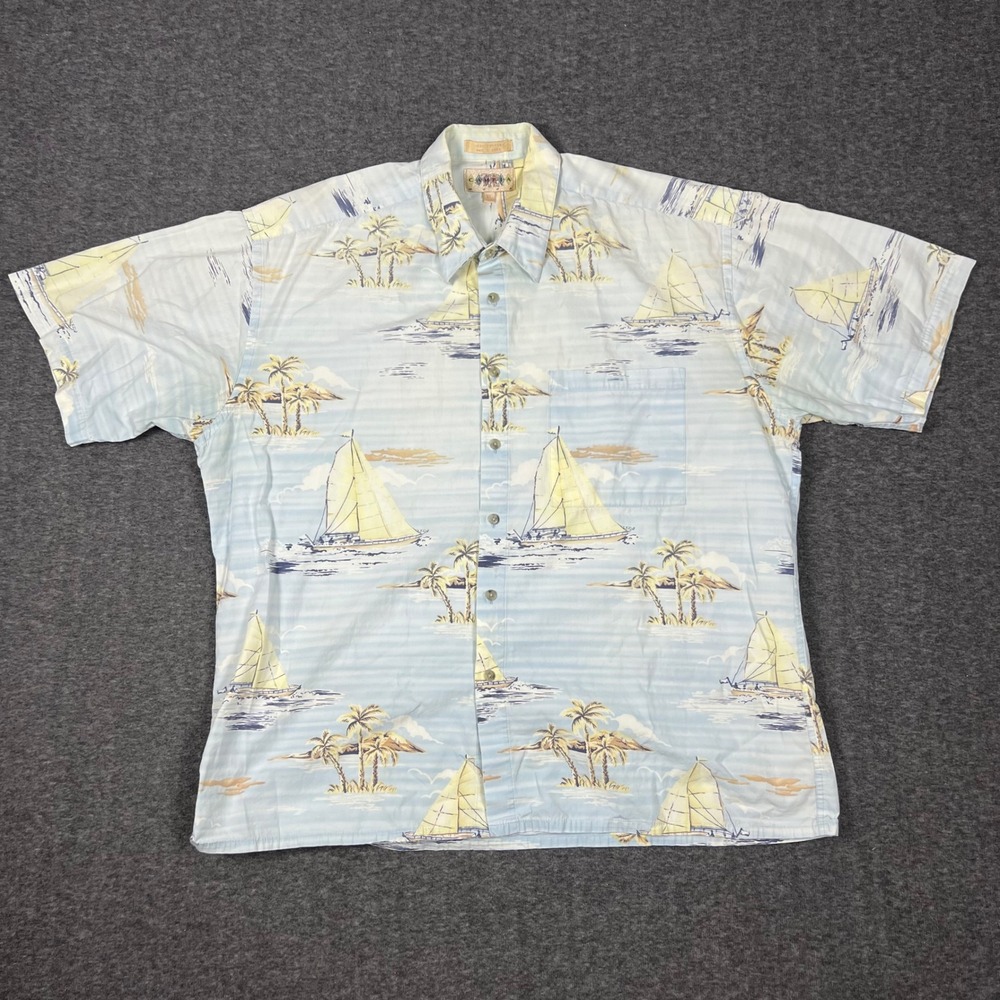 Campia Moda Hawaiian Shirt Mens XL Light Blue Sailboat Palm Tree Tropical Cotton